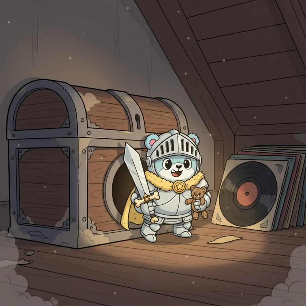 Na lang zoeken, achter een gigantische, stoffige bruidskist en een stapel oude vinylplaten, ontdekten ze een kleine, donkere opening. Het rook er een beetje muf en vergeten. Voorzichtig gluurden ze naar binnen, hun hartjes bonzend van opwinding en een vleugje angst. Zou dit de plek zijn waar het Mysterie van de Vergeten Beer hen naartoe leidde?