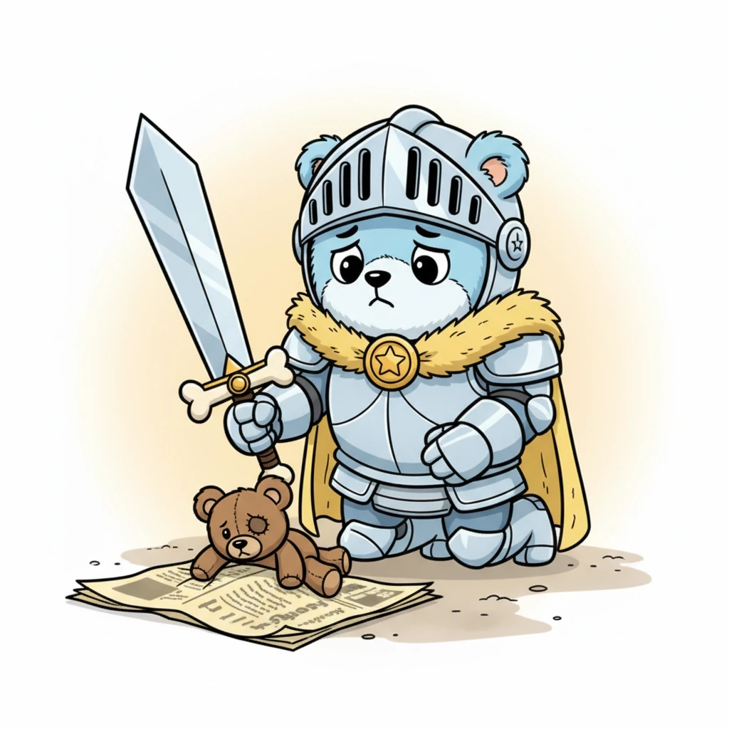 Daar, half verborgen onder een verfrommelde krant en bedekt met een dun laagje stof, lag een klein, bruin teddybeertje. Het zag er zo eenzaam en verdrietig uit, met een scheef genaaid oor en een ontbrekende knoop. Zijn pluche vacht was vaal geworden door de tijd. De ridders keken elkaar aan, hun ogen vol medeleven.