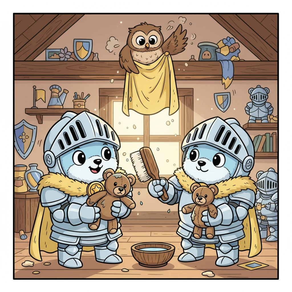 De Pluizige Ridders brachten Fuzzel voorzichtig terug naar hun hoofdkwartier. Met zachte borstels en een beetje water poetsten ze hem schoon. De vrolijke kleuren kwamen weer tevoorschijn en zijn knuffelige vacht voelde weer zacht aan. Zelfs Oehoe de Uil hielp mee met het uitkloppen van het stof.