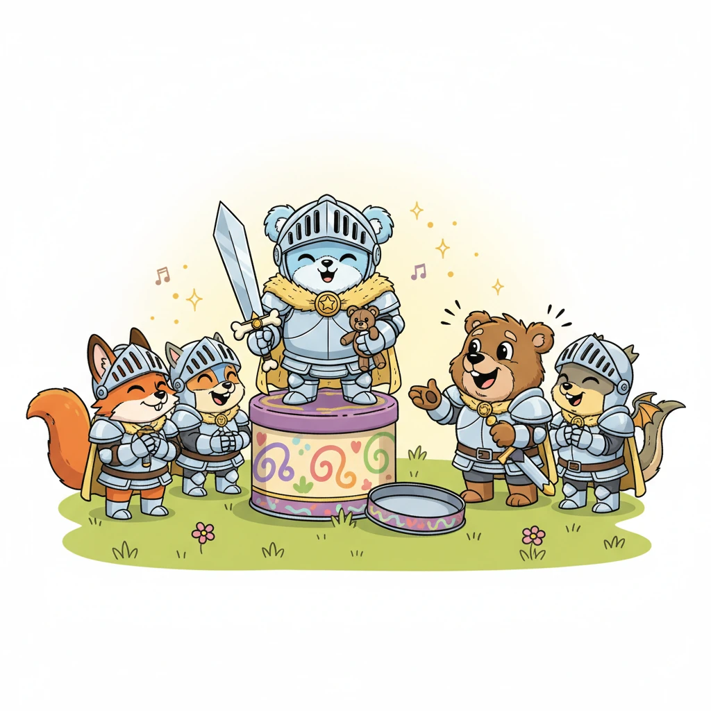 Fuzzel zat nu trots op de omgekeerde koekjesdoos, omringd door zijn nieuwe vrienden. Bram deelde verhalen over hun avonturen van vroeger, en de ridders luisterden geboeid, lachend om de ondeugende streken van de jonge Fuzzel. De sfeer was warm en vol genegenheid, en Fuzzel's scheve oor leek nu een teken van karakter.