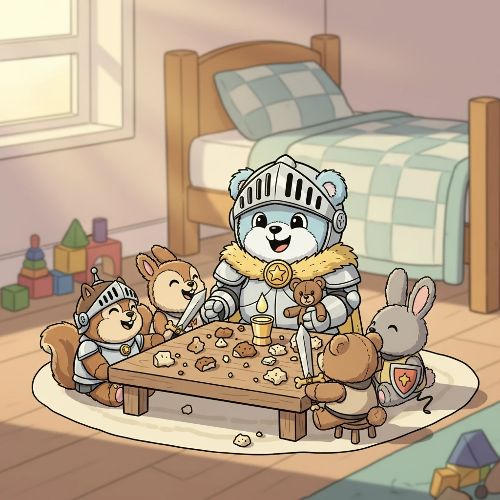 De Gilde van de Pluizige Ridders vierde hun succesvolle missie met een feestmaal van kruimels en een druppel limonade. Fuzzel was niet langer de Vergeten Beer, maar een gewaardeerd lid van hun pluizige familie. Bram keek tevreden rond, zijn glazen oog nog steeds naar links, maar zijn hart vol vreugde over de hereniging en de onverwoestbare kracht van vriendschap.