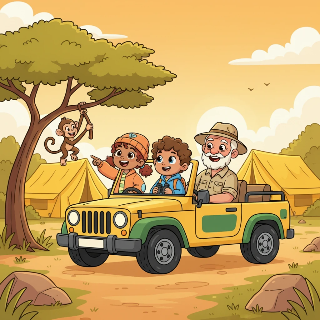 Ruby, Thomas, and Papa John bounced with excitement as their safari jeep pulled into Matetsi Camp. Bright yellow tents glowed under the warm African sun, and the air buzzed with the promise of adventure. Ruby pointed at a playful monkey swinging from a nearby tree, already giggling.