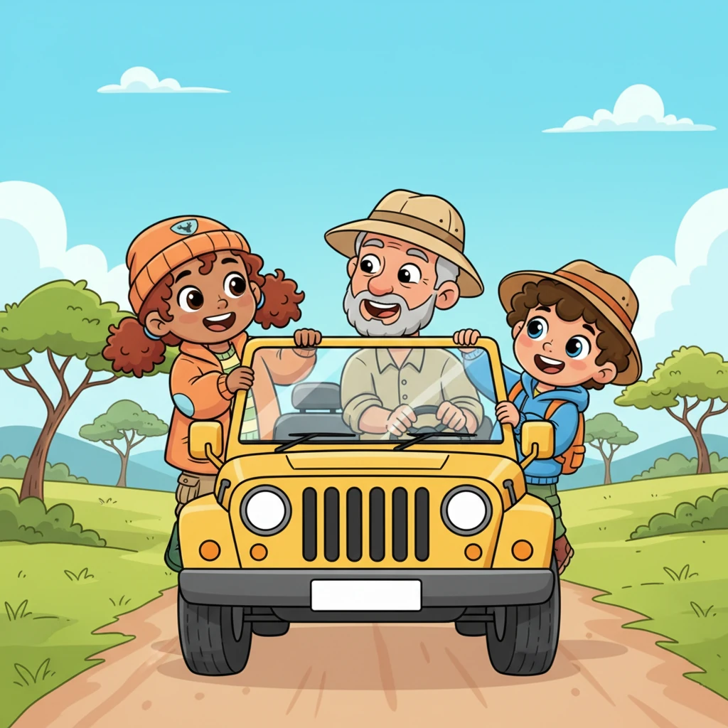 The next morning, with sun hats perched jauntily, the trio set off in their open-top jeep. Ruby and Thomas leaned out, eyes wide, ready for anything. Papa John chuckled, knowing his two little explorers were in for a wild ride.