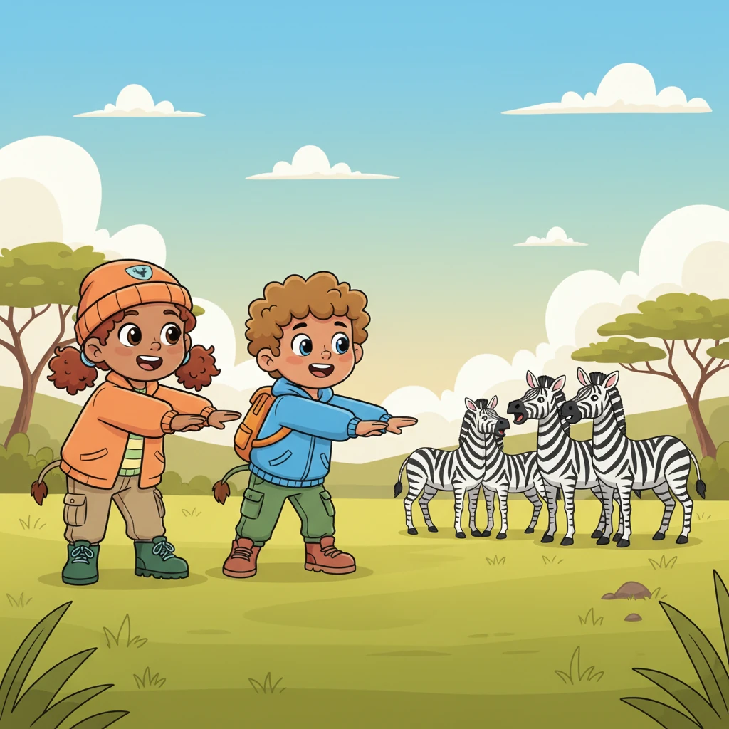 Suddenly, a dazzle of zebras appeared, munching grass with their striped backs shimmering. "Hee-haw!" brayed one loudly. Ruby and Thomas immediately started imitating the zebras, wiggling their bottoms and pretending their arms were striped legs.