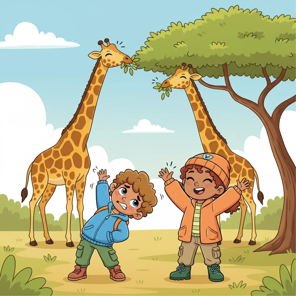 Further on, towering giraffes munched leaves from the highest branches, their long necks stretching elegantly. "Mmmm-crunch!" went the leaves. Thomas tried to stretch his neck so high he nearly fell over, while Ruby giggled, looking like a little giraffe herself.