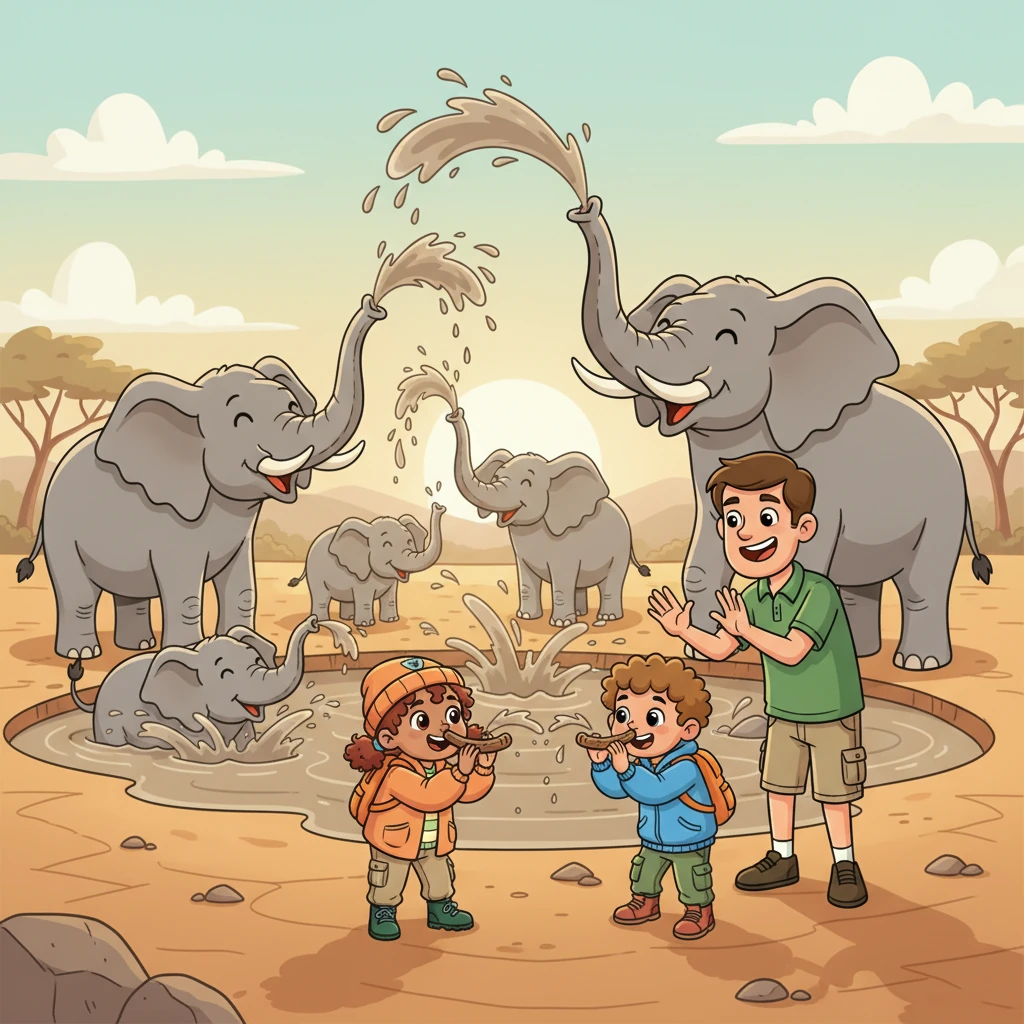 At a dusty waterhole, a herd of enormous elephants splashed and trumpeted. "RUMBLE! WHOOSH!" they called, spraying water with their trunks. Ruby and Thomas cupped their hands over their noses, pretending to be mini-elephants, spraying imaginary water at their dad.
