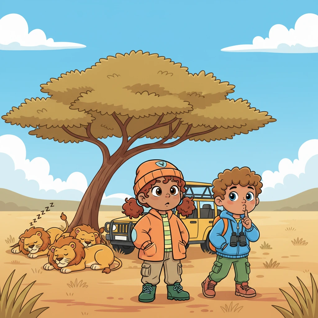 Later, they spotted a pride of sleepy lions, all sprawled out, napping under a tree. "Zzzzzzz," went the soft snores. Ruby and Thomas tiptoed past the jeep, making exaggerated quiet faces and holding their breath, trying not to wake the majestic beasts.