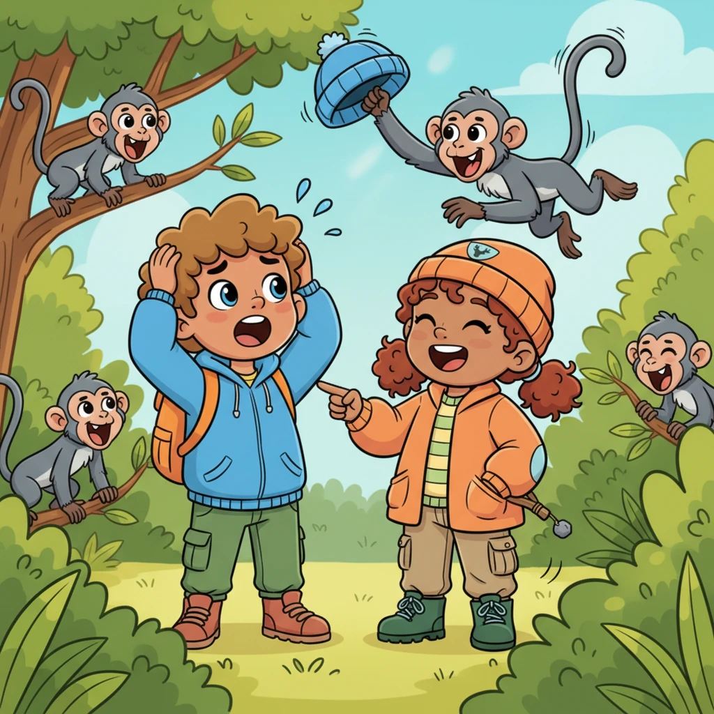 A troop of mischievous vervet monkeys suddenly appeared, chattering excitedly. "OOOH-AAAH-AAAH!" they screeched. One cheeky monkey zoomed down and snatched Thomas's hat right off his head, swinging away with it into the bushes.