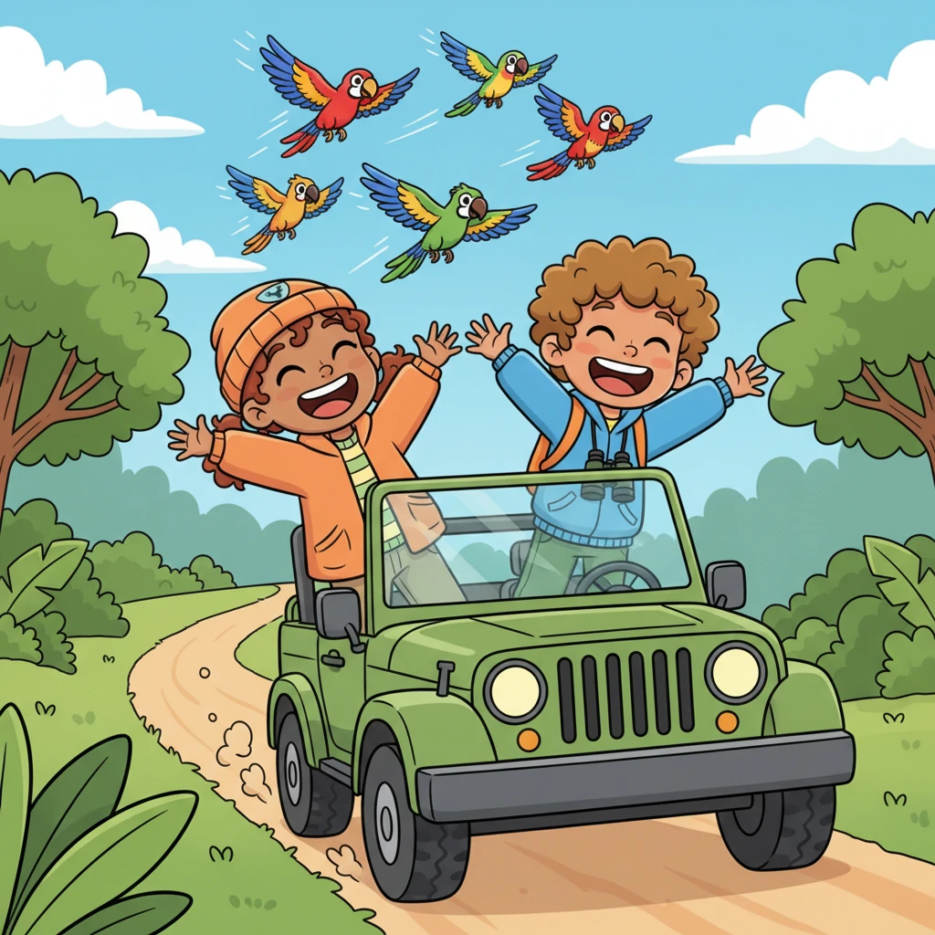 High above, a flock of vibrant parrots squawked "Chirp! Squawk!" as they flew past in a blur of color. Ruby and Thomas flapped their arms wildly, trying to mimic the birds' flight and calls, nearly tumbling out of the jeep with laughter.