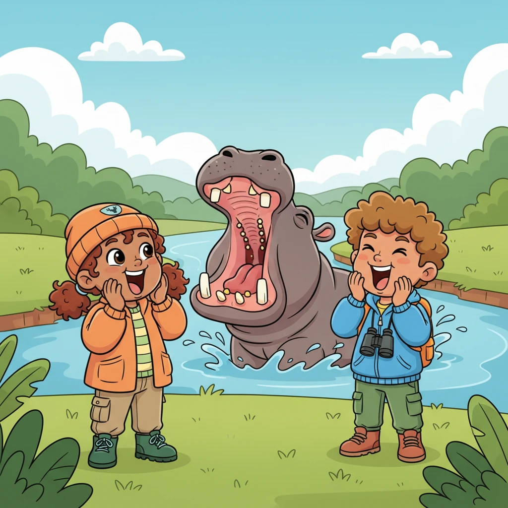 By the river, a huge hippo yawned a massive, cavernous "GRRROOOOAAAN!" showing off its enormous teeth. Ruby and Thomas tried to open their mouths just as wide, making funny gurgling sounds like the hippos in the water.