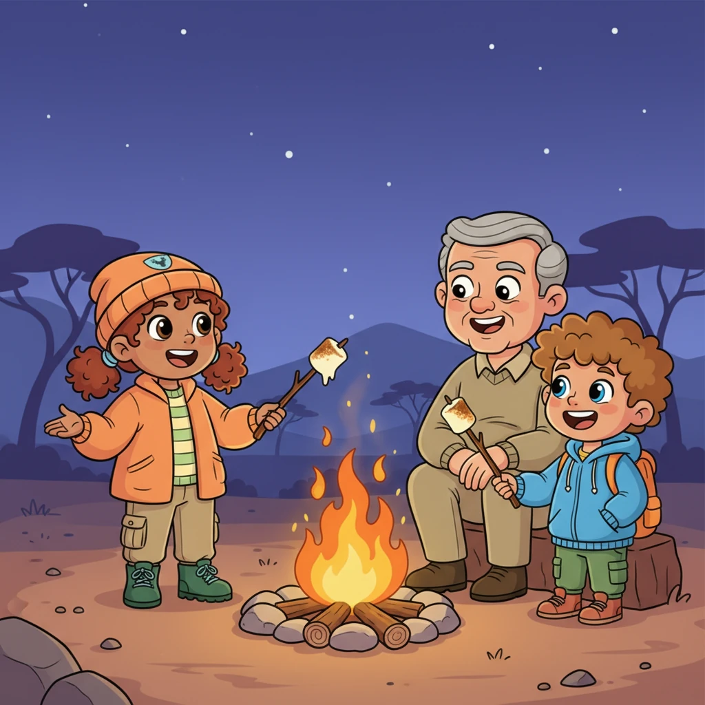 As twilight settled, they gathered around a crackling campfire, roasting marshmallows. Ruby and Thomas recounted their day's silly adventures, their faces glowing with happiness. Papa John smiled, knowing this safari was one they'd never forget.