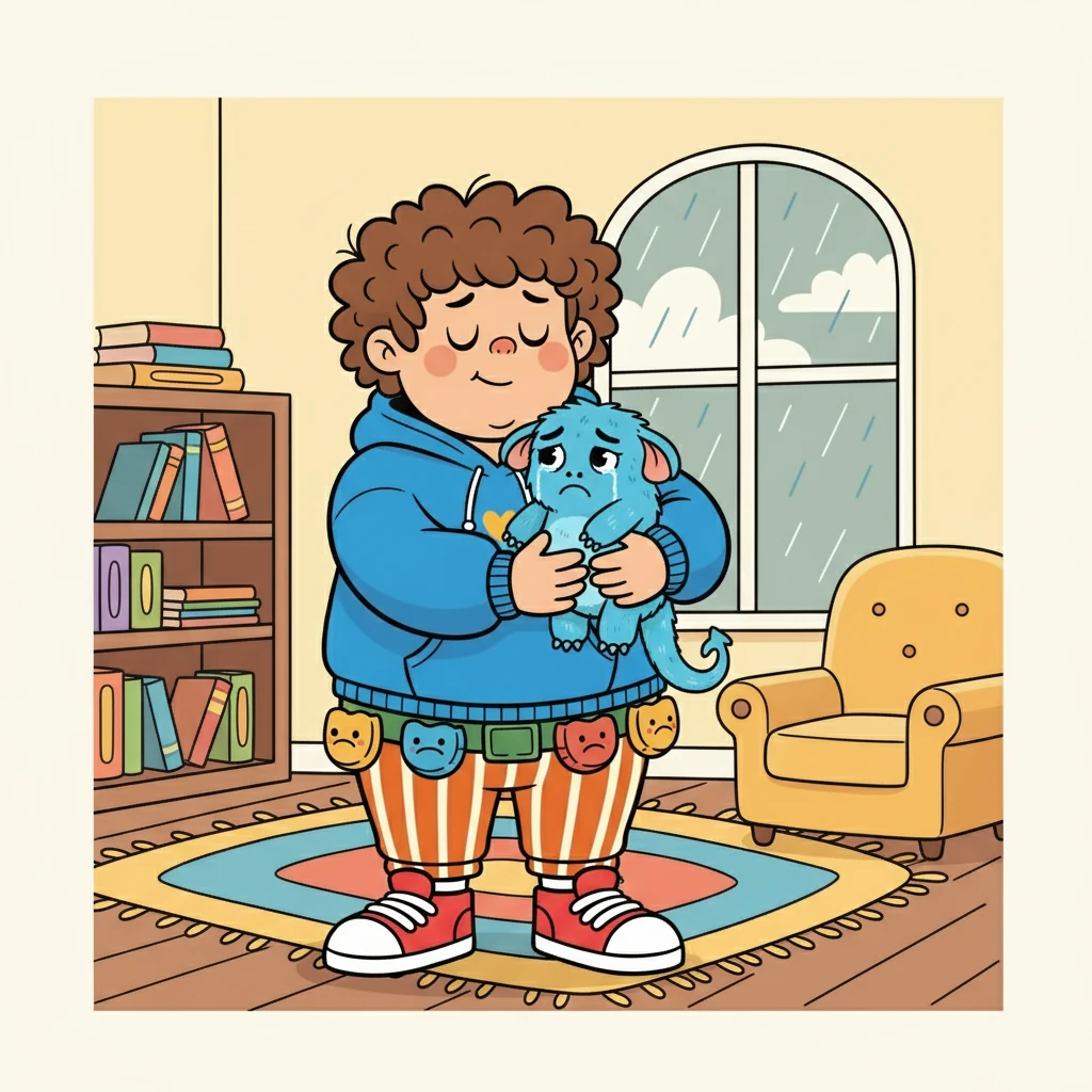 Martins, com um olhar compreensivo, abraçou o monstrinho azul. Ele aprendeu que a tristeza faz parte da vida, e que não há problema em sentir isso.