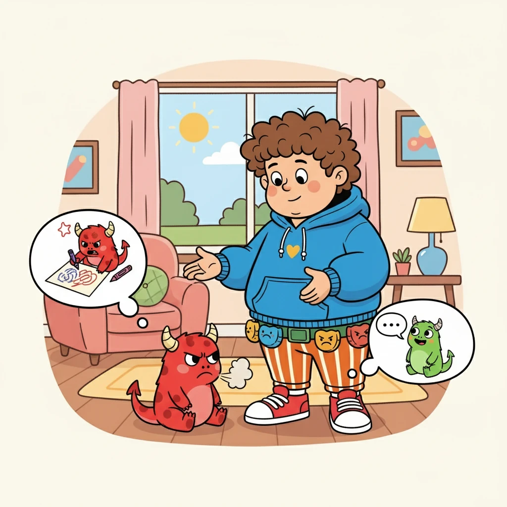 Martins respirou fundo e tentou entender a raiva do monstrinho vermelho. Ele aprendeu que a raiva pode ser controlada, e que é importante expressá-la de forma saudável.