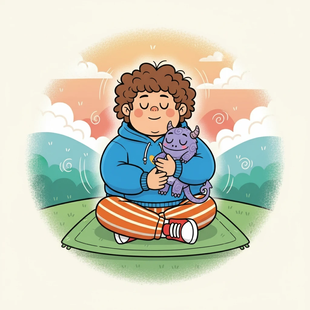 Martins fechou os olhos e respirou junto com o monstrinho roxo. Ele aprendeu que a calma é um refúgio, um lugar seguro para descansar.