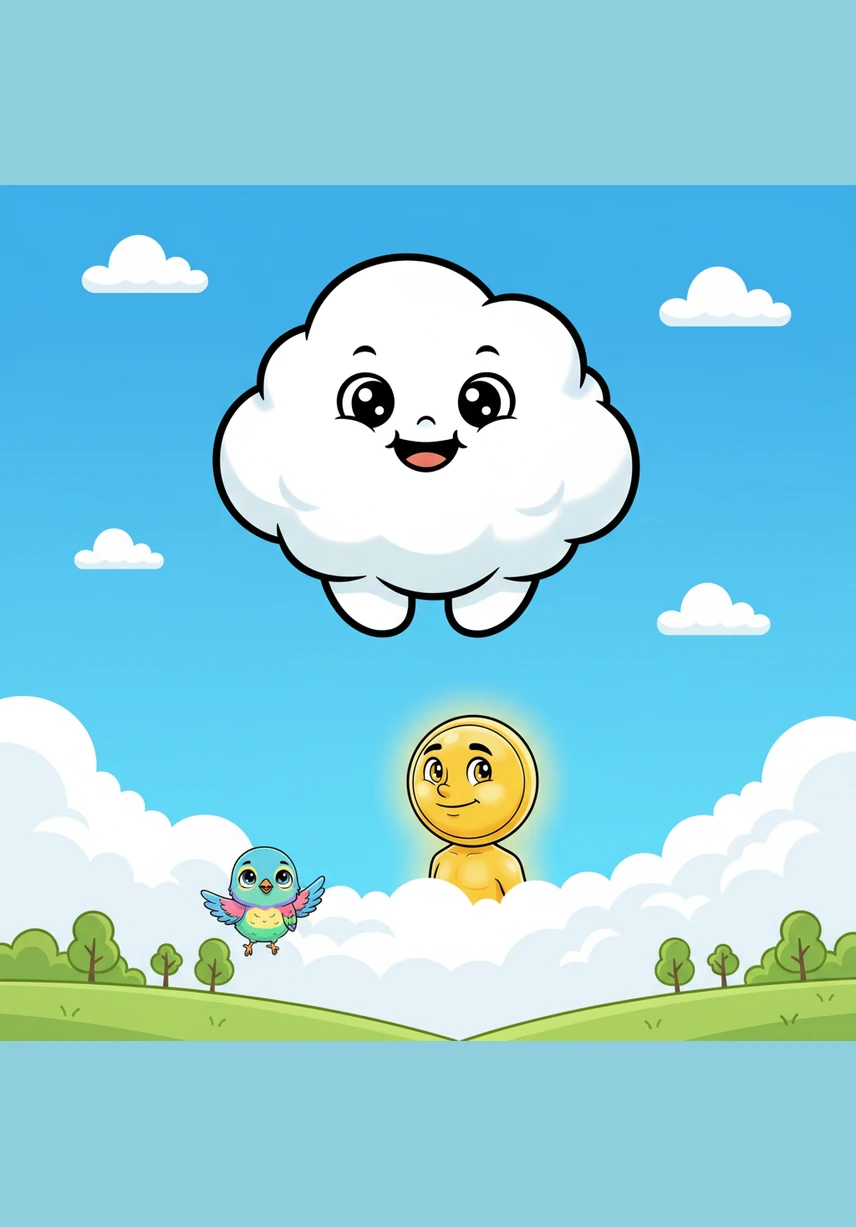 High in the bright blue sky, a small and fluffy cloud named Coco floated lazily above the world. She loved her soft white shape and spent her days watching the colorful birds and the dancing trees below.