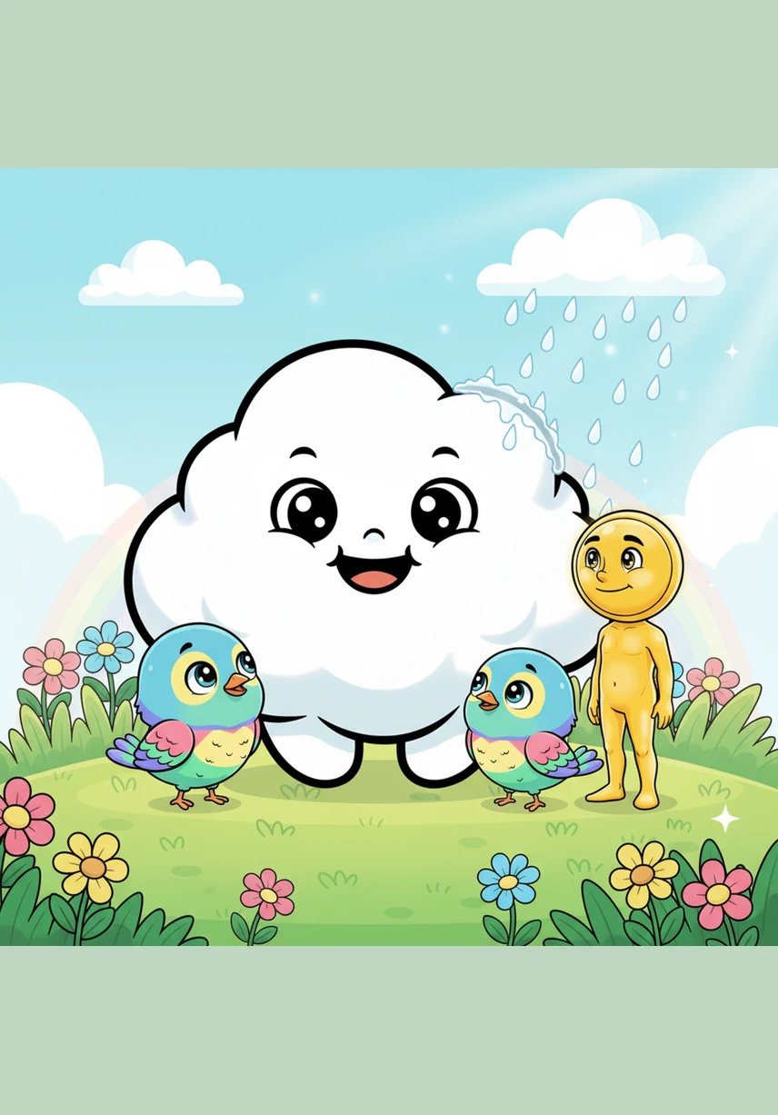 Coco looked down at the children playing in the park and the tall mountains reaching for the sun. She felt very important being so big and full, drifting wherever the gentle breeze carried her through the atmosphere.