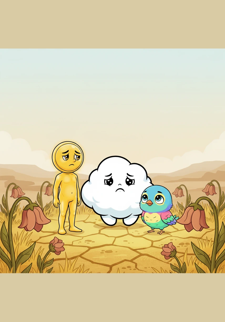 As the days went by, the vibrant flowers began to droop their heads and the green grass turned a dusty yellow. The animals looked up at the sky with tired eyes, hoping for a cool drink that never came.