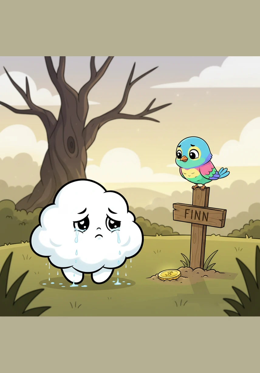 Coco looked down and saw a tiny, thirsty bird perched on a dry branch, whispering a wish for just one single drop of rain. A strange, small pinch of sadness tugged at Coco’s fluffy heart as she watched the little creature.