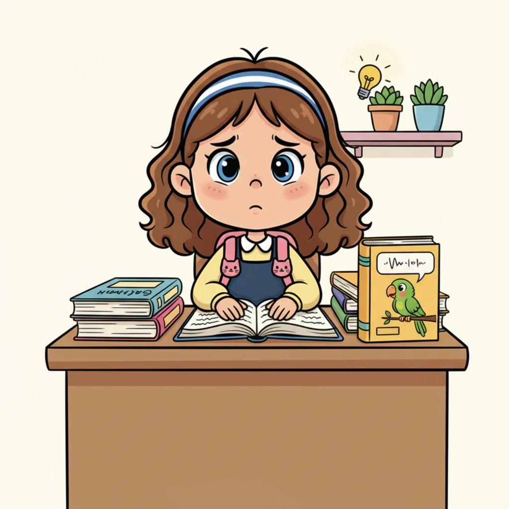 Lily, a bright-eyed girl with a slightly worried expression, sits at her desk, surrounded by confusing English textbooks. She sighs, feeling overwhelmed by all the new words and grammar. Suddenly, her gaze lands on a colorful book titled "Shadowing English: Key Phrases for B1-B2 Learners," its cover depicting a friendly, talking parrot. A tiny lightbulb appears above her head, sparking a glimmer of hope.