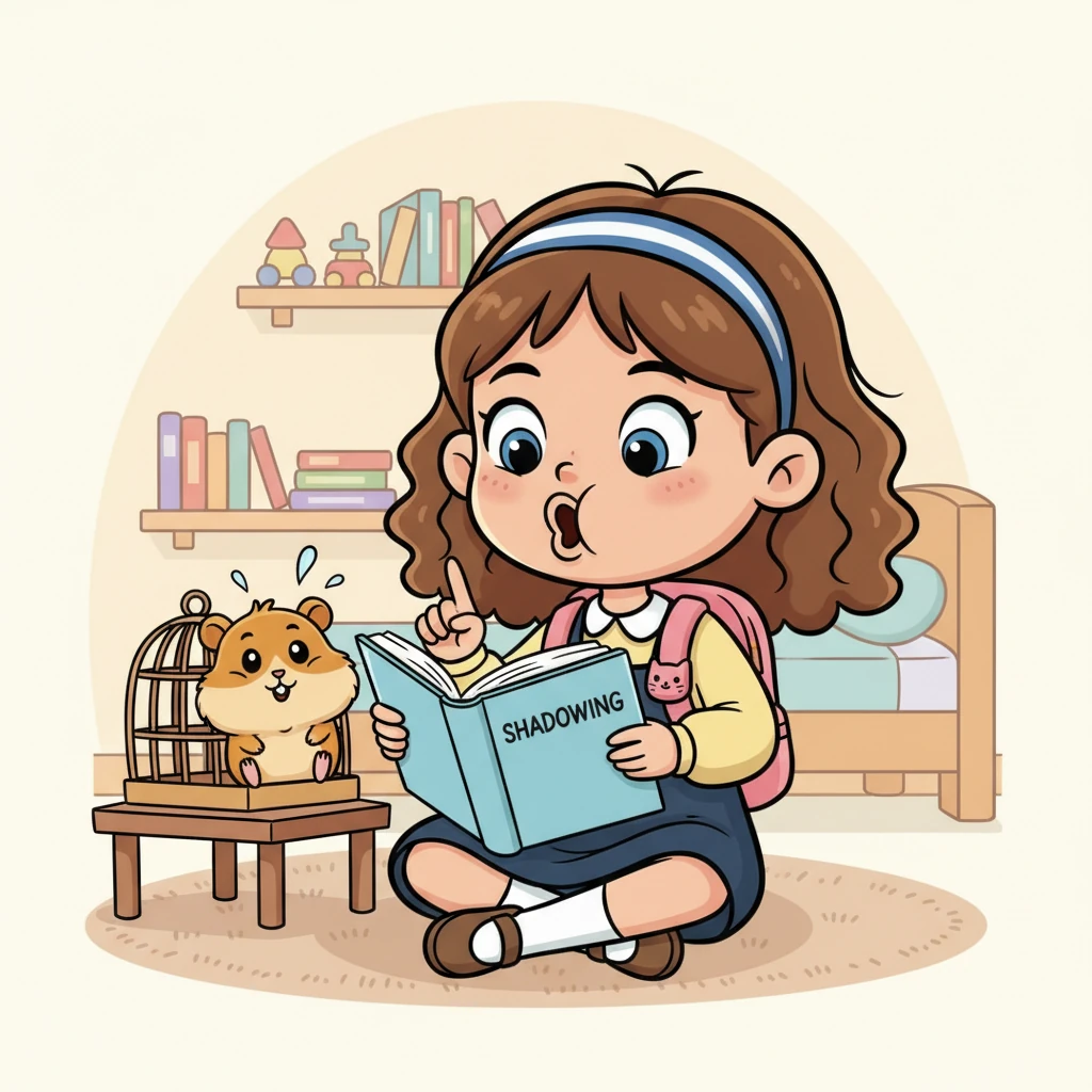 Curiosity piqued, Lily opens the Shadowing book, her finger tracing the first few "Key Phrases" like "Excuse me, could you please repeat that?" and "I'm not sure I understand." She tentatively tries to mimic the sounds, her mouth making funny shapes as she repeats the phrases aloud. Her pet hamster, Pip, peeks out from its cage, looking amused by her efforts.