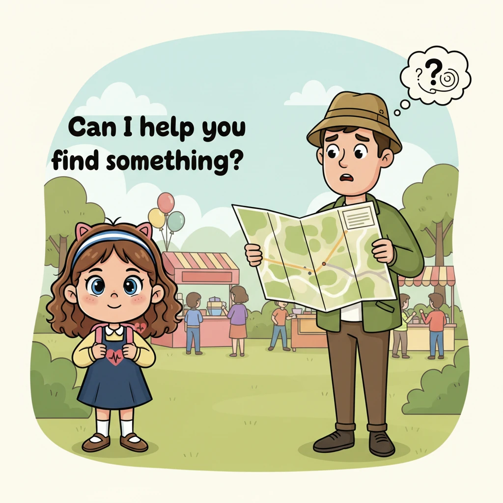 One afternoon, at a local community event, Lily overhears an English-speaking tourist looking lost, holding a map upside down. The tourist mumbles, "Oh dear, I seem to be quite turned around." Lily hesitates, her heart thumping, but a "Key Phrase" from her book, "Can I help you find something?", pops into her mind.