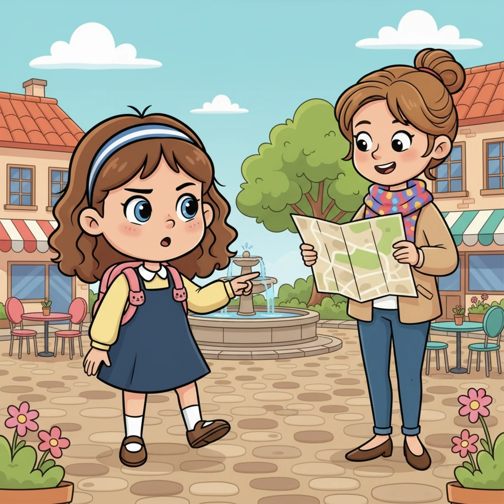 Taking a deep breath, Lily steps forward, a determined look on her face. "Excuse me," she says, a little shyly but clearly, "Can I help you find something?" The tourist smiles warmly, relieved, and Lily feels a warm rush of accomplishment as she successfully gives simple directions, using more phrases she's learned.