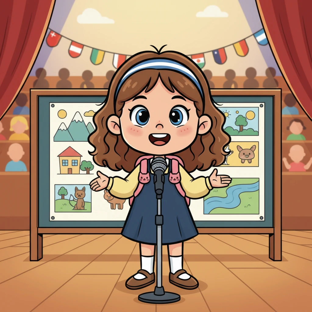 The big day arrives for her school's international day presentation. Lily stands on stage, a little nervous but beaming, ready to present her project about her hometown in English. She speaks fluently, her voice clear and confident, surprising even herself with how naturally the words flow.