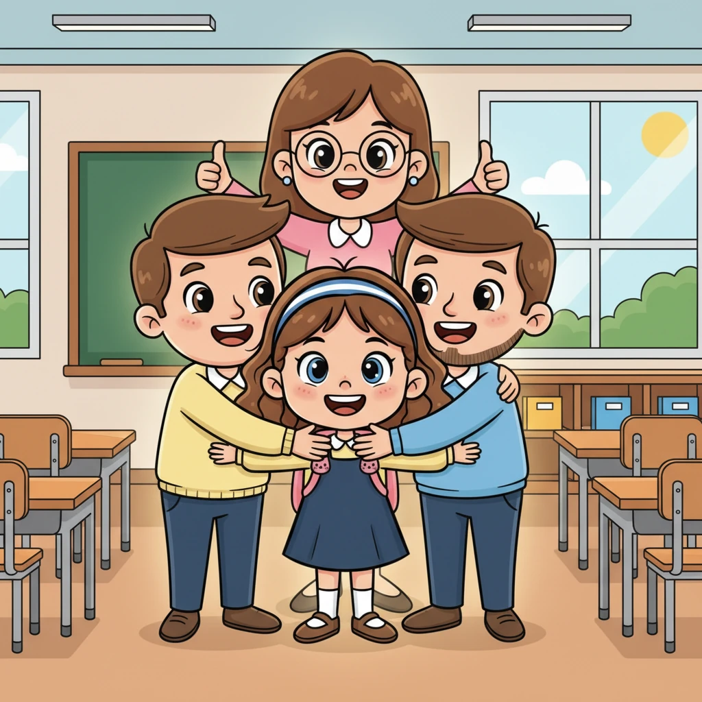 After her presentation, her English teacher, Ms. Evans, gives Lily a big thumbs-up, her eyes sparkling with pride. Lily's parents hug her tightly, their faces full of joy. Lily feels a glow of achievement, realizing how far she's come from those first hesitant whispers.