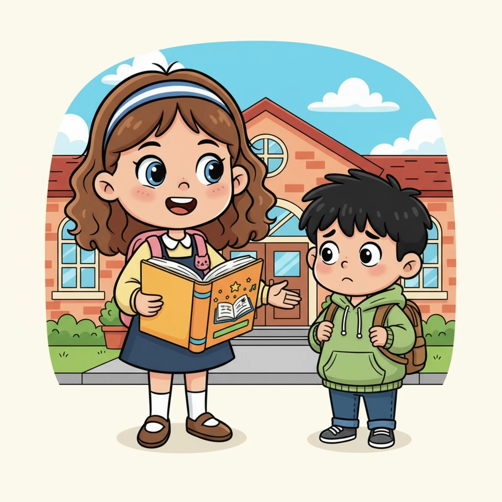 Now a confident English speaker, Lily sees a new student looking shy and overwhelmed, just like she once was. Lily approaches with a warm smile, holding her beloved "Shadowing English" book. "Don't worry," she says kindly, "Learning English is an adventure, and I can show you some amazing tricks!" A bright, hopeful future unfolds before them.