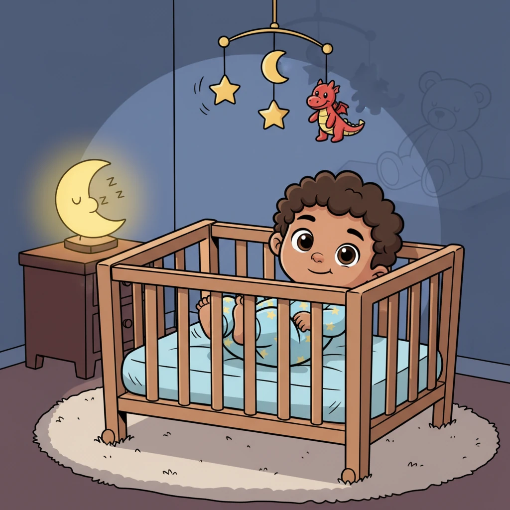 Little Kian was tucked snugly into his crib, but his eyes were still wide open. He wiggled his toes, ready for a grand adventure before sleep could truly take hold. The room was dim, lit only by a soft nightlight.
