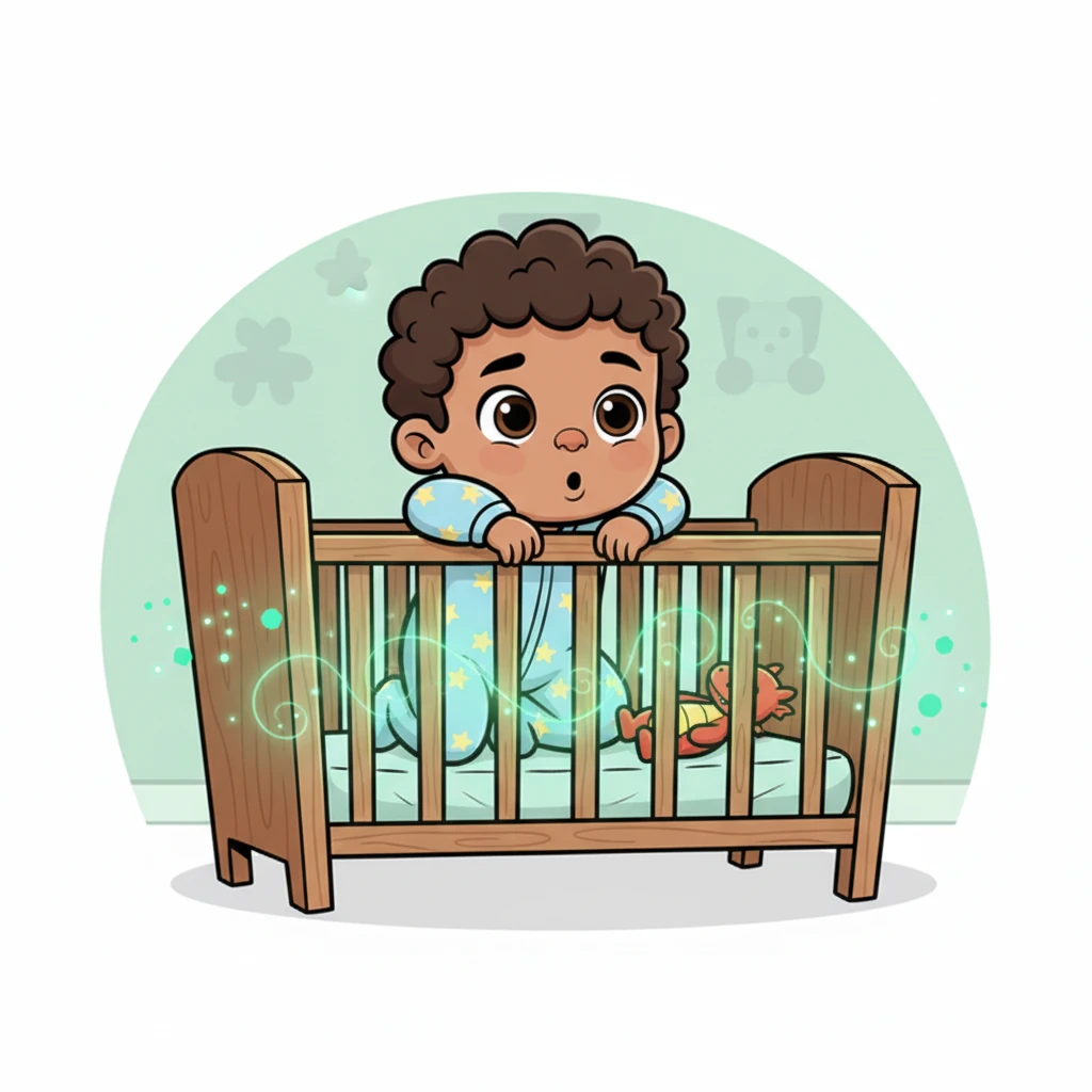 Suddenly, a tiny spark of magic shimmered around Kian's crib. The wooden bars began to glow a soft, emerald green. Kian blinked once, then twice, as if he couldn't quite believe his sleepy eyes.