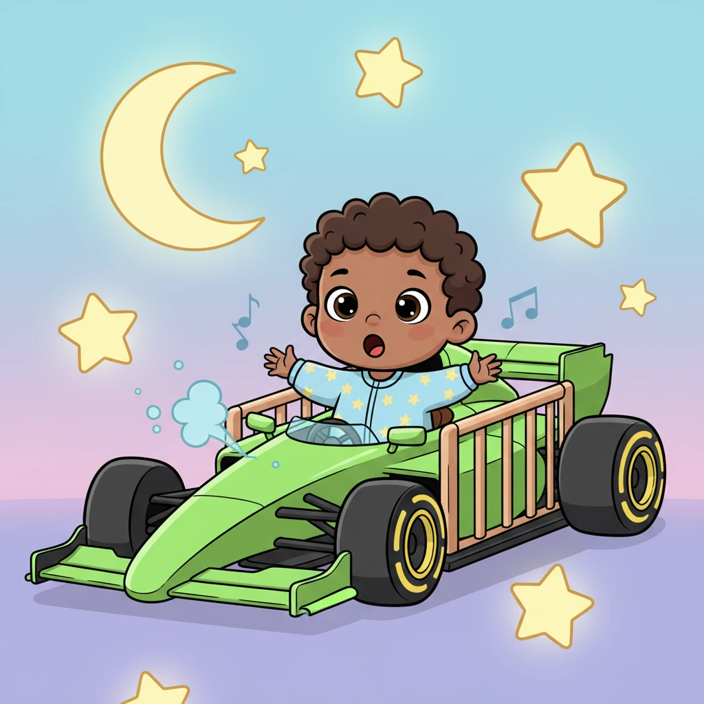 With a gentle pop and whir, his cozy crib transformed! It became a magnificent, bright green F1 race car, complete with sleek wheels and a comfy driver's seat. Kian sat right in the middle, a tiny, happy gasp escaping his lips.