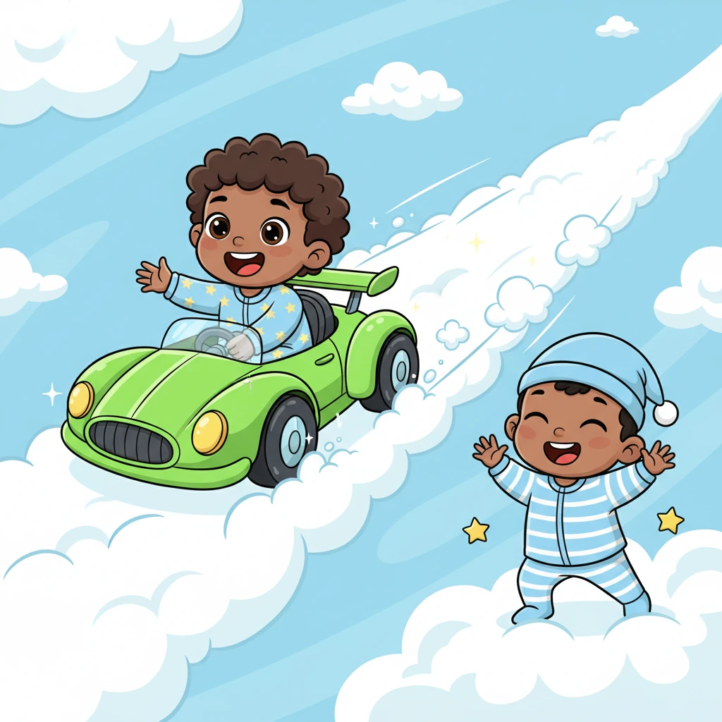 In his dream, Kian was zooming along a track made of fluffy white clouds, driving his shiny green race car! He looked over and saw his baby brother, Shray Baby, giggling and waving excitedly from the sidelines.