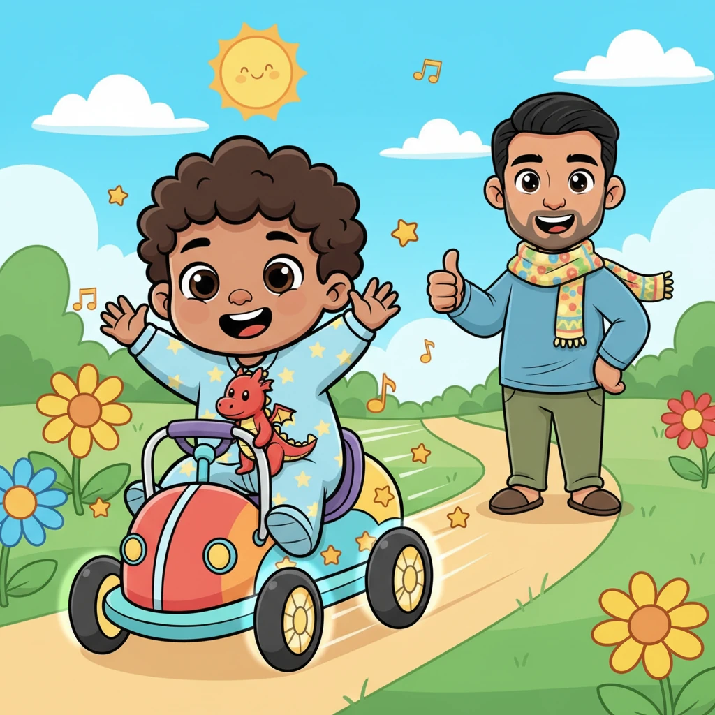 Kian waved back with a cheerful grin as he sped past. Up ahead, Shivam Daddy stood tall, giving him a big thumbs-up and a proud smile. The dream race was so much fun!