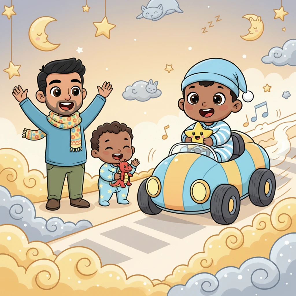 Kian continued his dream race, feeling so loved and safe with his family cheering him on. The gentle rumble of his car was a comforting sound, making him feel even sleepier and more peaceful.