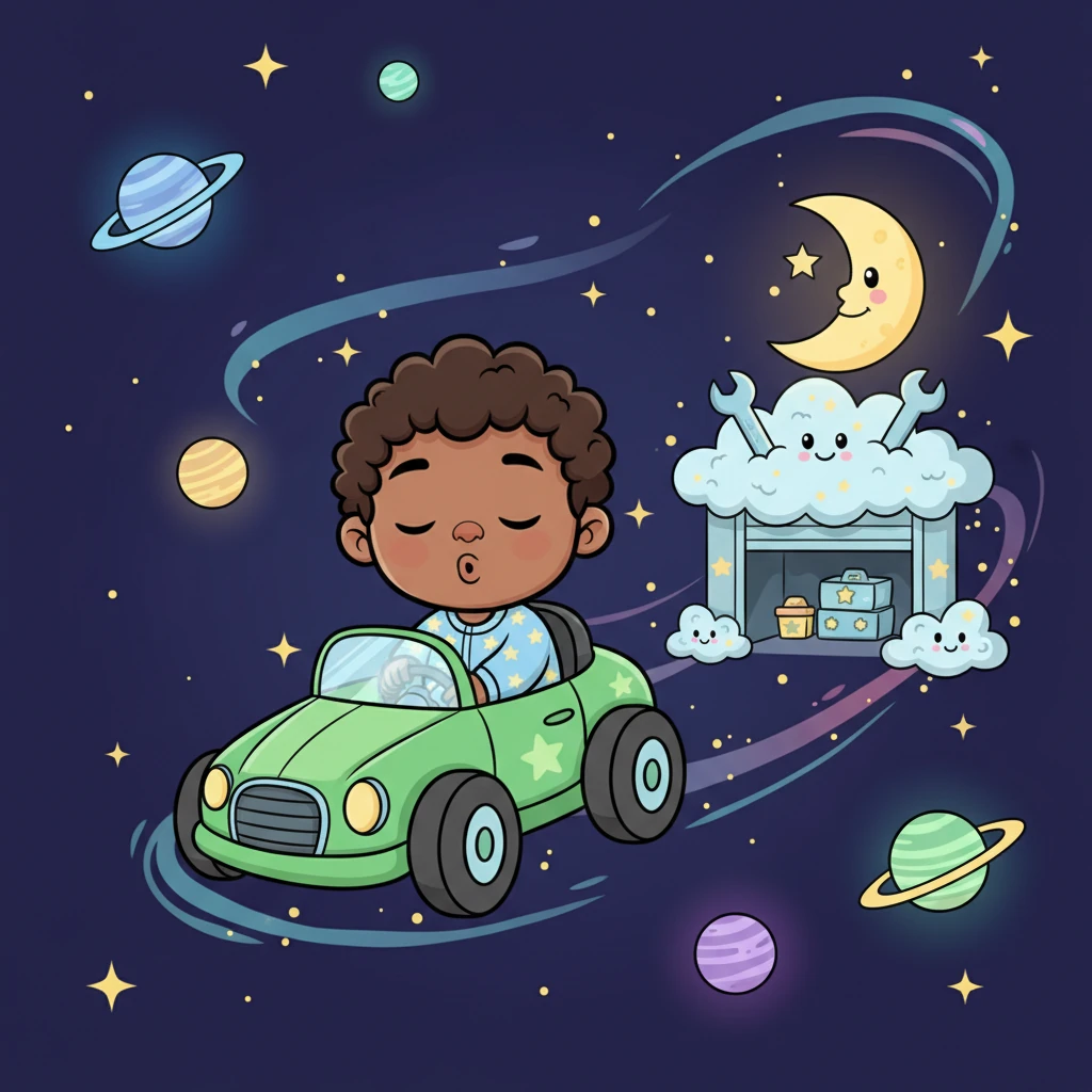 His green race car slowly began to slow down, pulling into a magical pit stop nestled among twinkling stars and soft, glowing planets. Kian yawned a tiny, contented yawn, feeling perfectly calm.