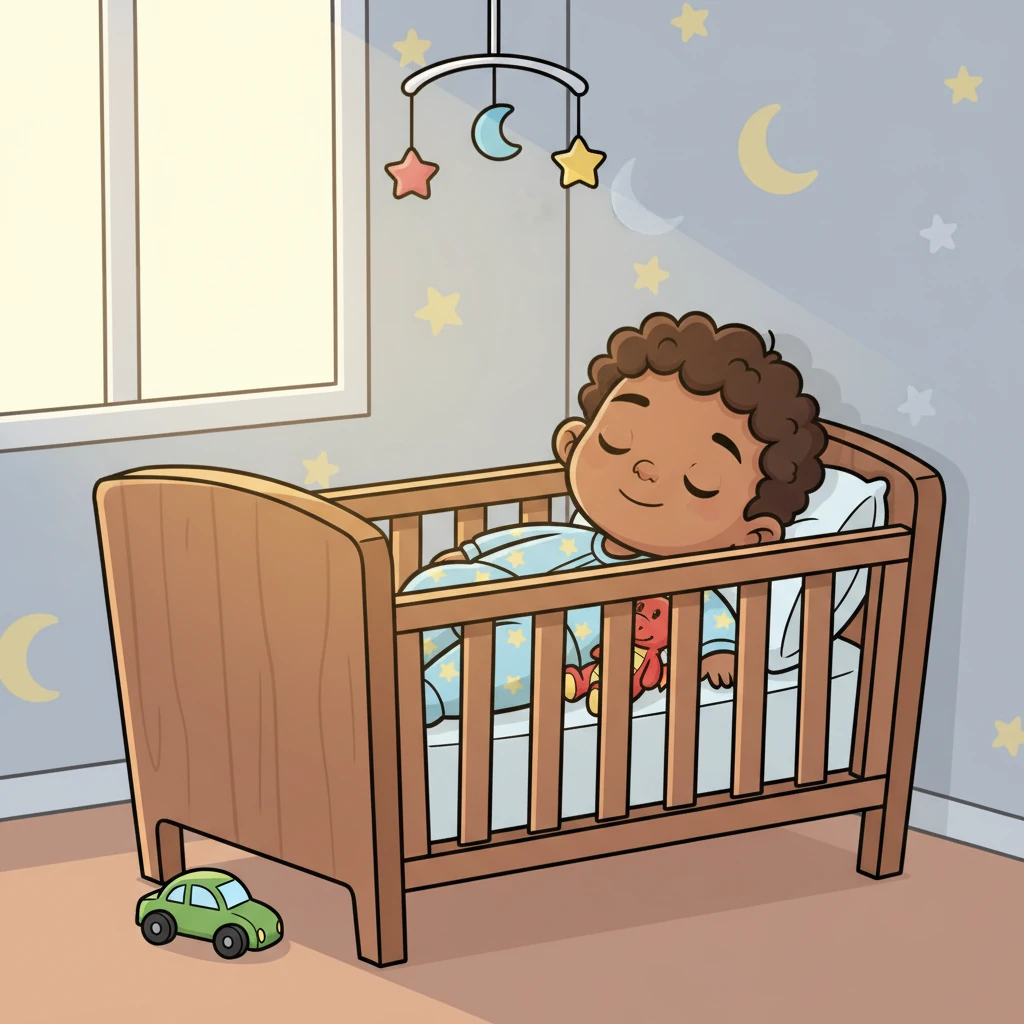 Back in his own room, Kian was fast asleep in his ordinary, cozy crib once more. A soft smile played on his lips, dreaming sweet dreams of his family and his green race car, ready for a full night's rest.