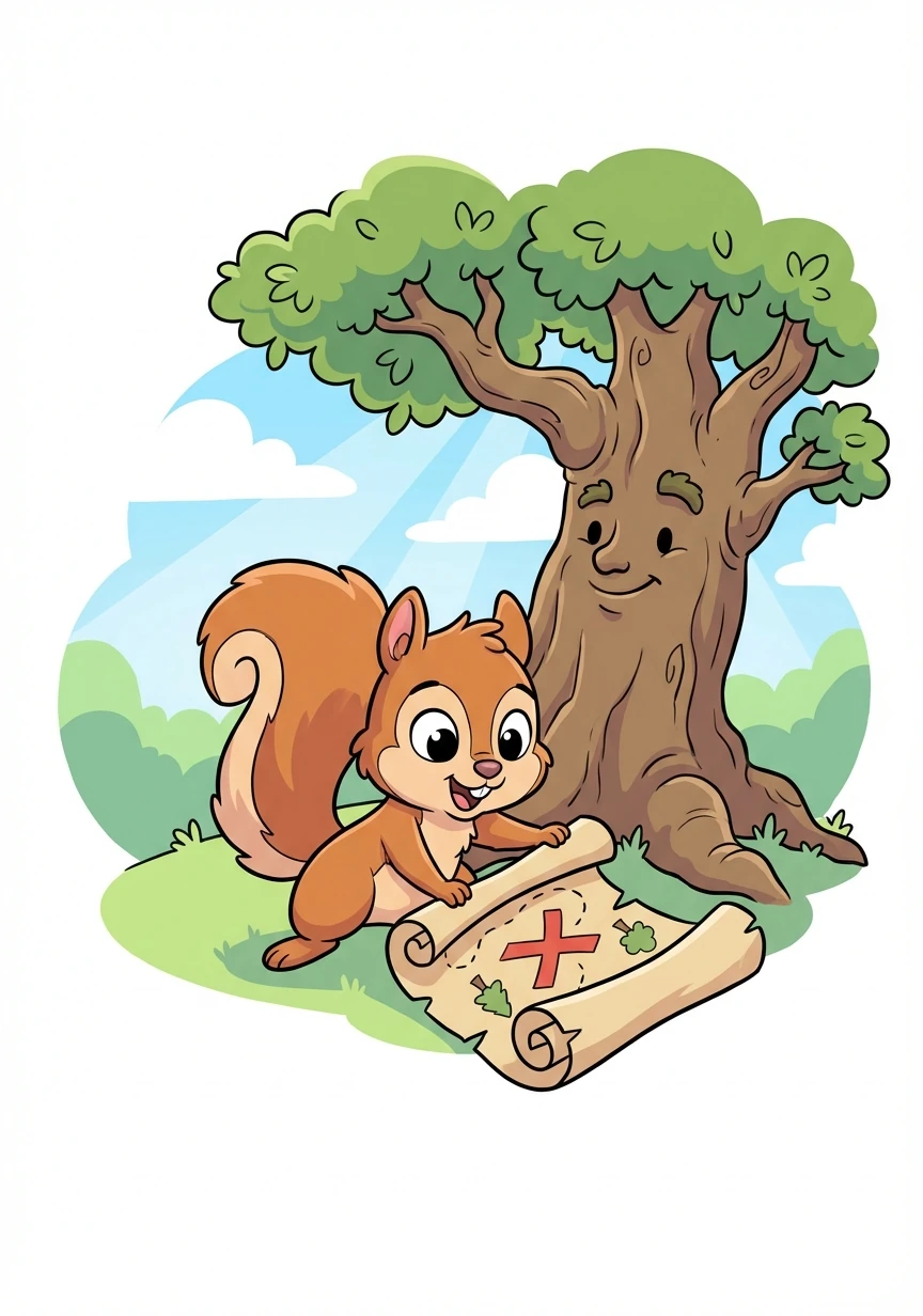 Squeaky, a small squirrel with a bushy tail, was playing near the old oak tree when he stumbled upon a rolled-up piece of parchment. It was a treasure map, marked with an 'X' deep within the Whispering Woods!