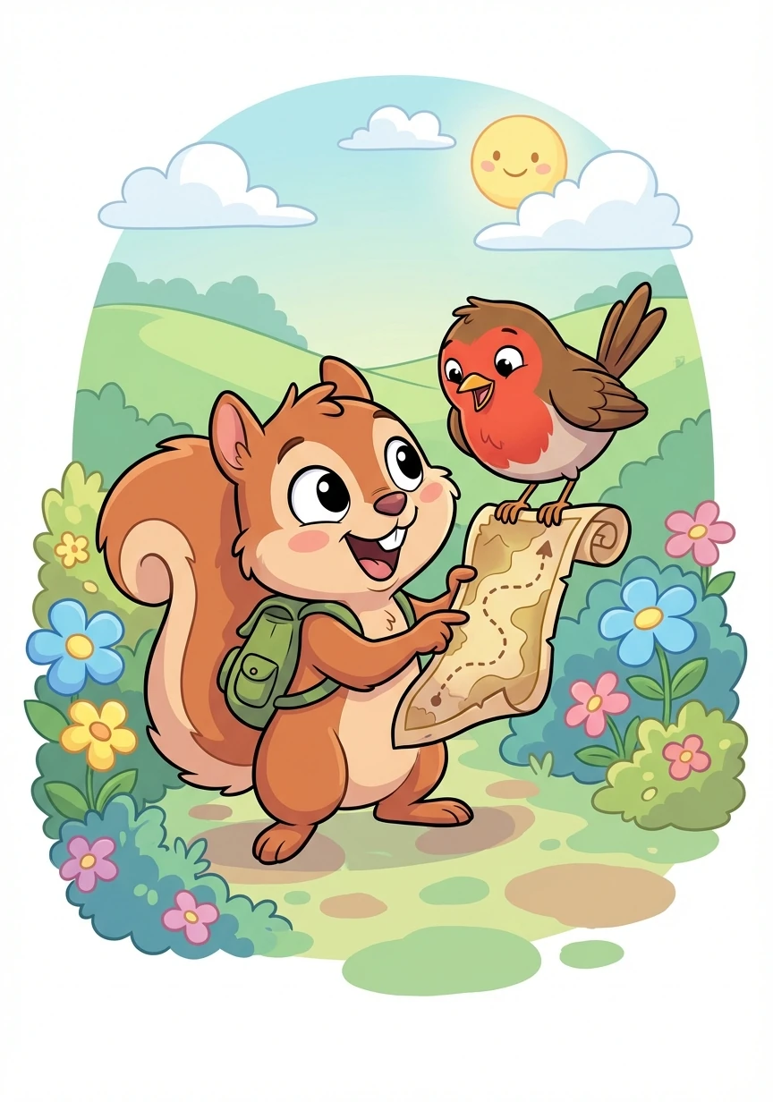 Excited, Squeaky gathered his best friend, Rosie the robin. Together, they decided to embark on a grand treasure hunt, following the map's winding path.