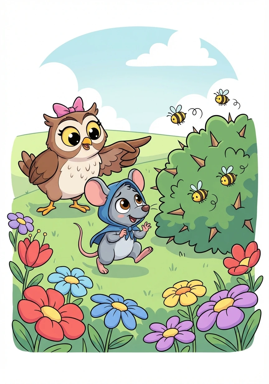 Their journey began through a field of colorful wildflowers. Rosie, with her sharp eyes, helped Squeaky avoid thorny bushes and buzzing bees.