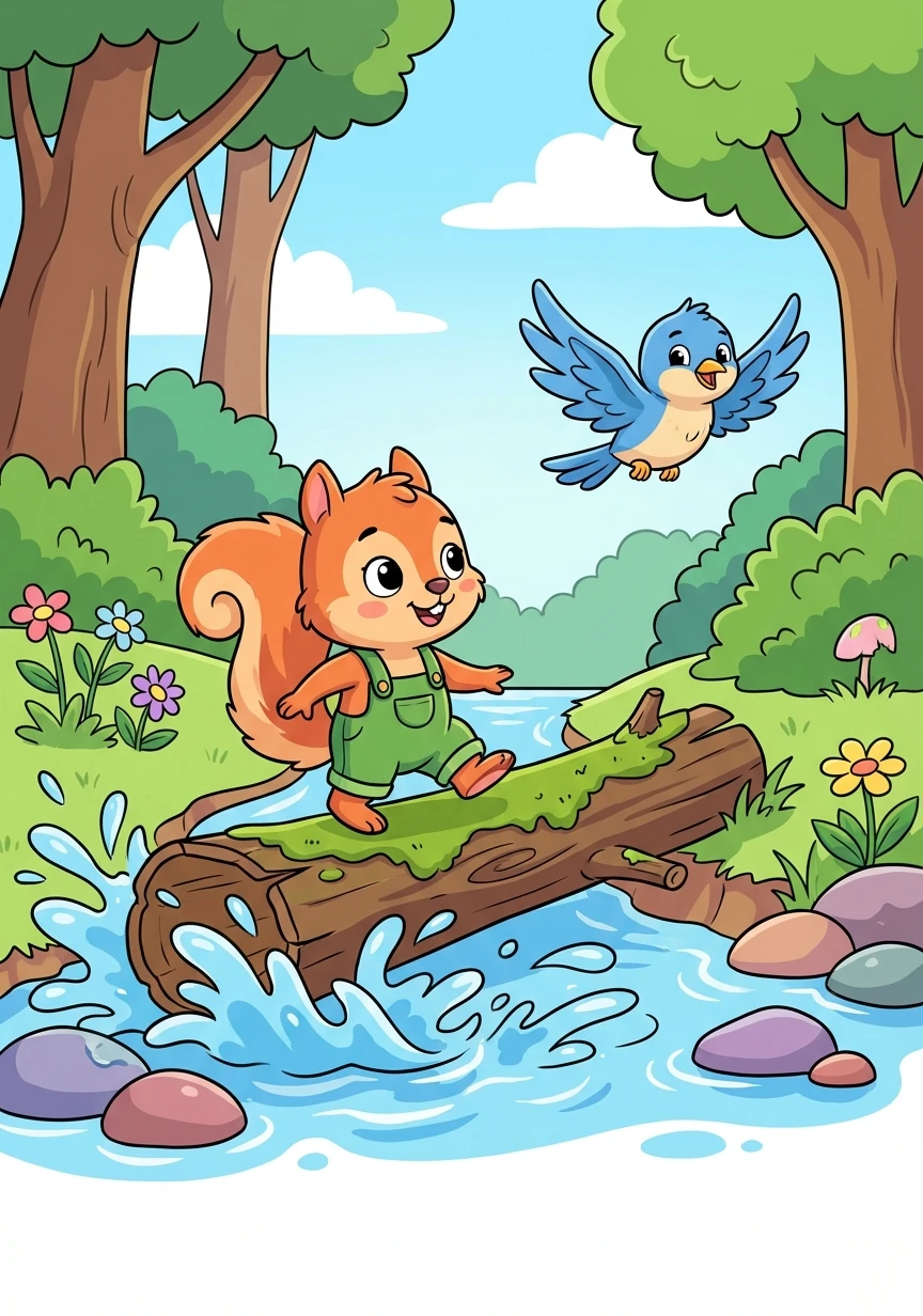 Next, they encountered a babbling brook. Squeaky carefully balanced on a fallen log while Rosie flew ahead to scout for the safest crossing.