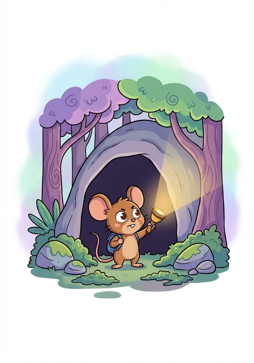 Deep inside the Whispering Woods, they faced a dark and spooky cave. Squeaky, though a little scared, bravely held his acorn flashlight high.