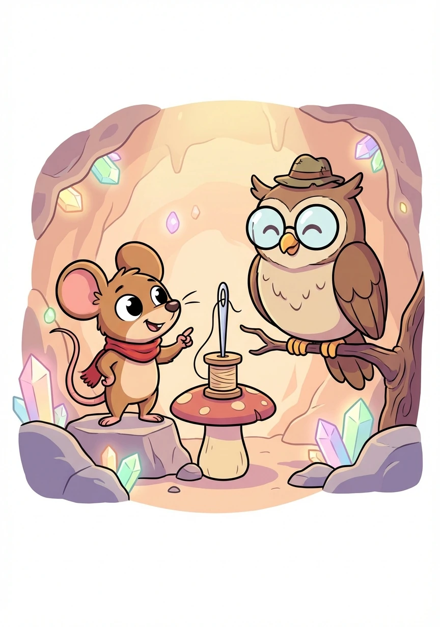 Inside the cave, they met a wise old owl. The owl gave them a riddle: 'What has an eye, but cannot see?' The answer: A needle!