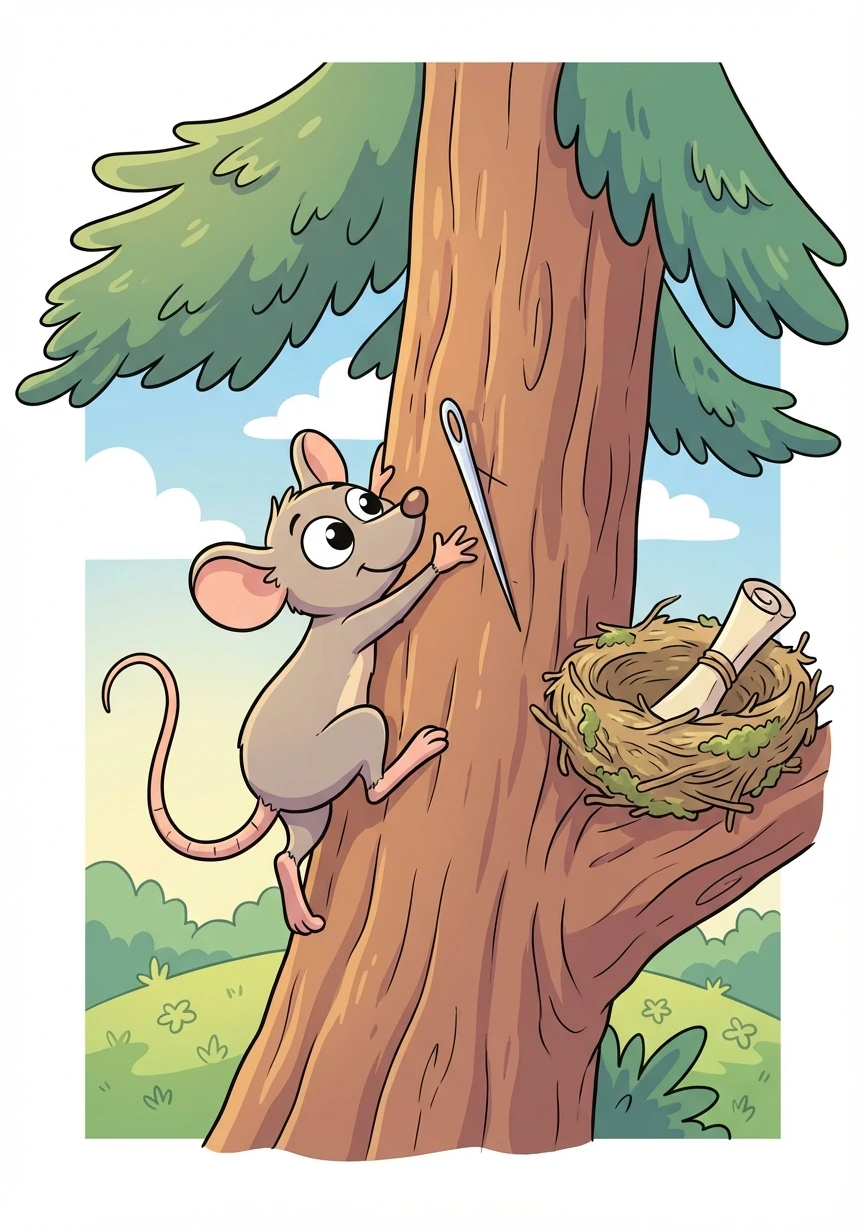 Following the owl's clue, they found a giant pine tree with a needle stuck in its bark. Behind the tree, they discovered another clue hidden in a bird's nest.