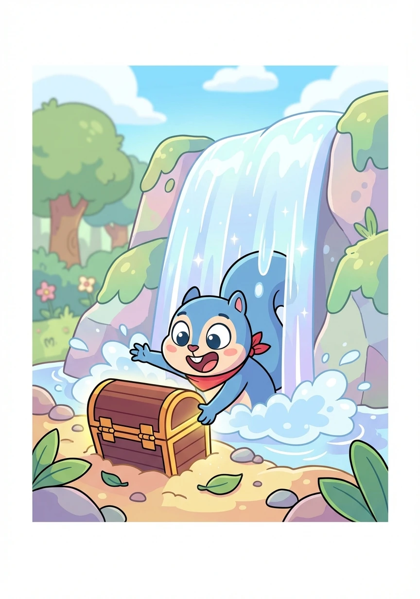 The new clue led them to a sparkling waterfall. Behind the waterfall, they found a small, wooden chest buried in the sand.