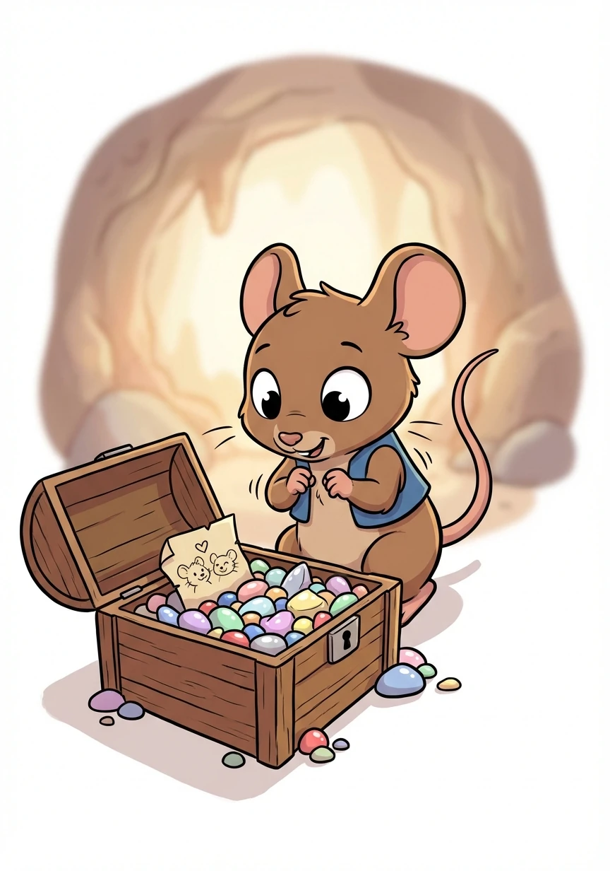 With trembling paws, Squeaky opened the chest. Inside, instead of gold or jewels, they found a collection of shiny pebbles and a note: 'The real treasure is friendship and adventure!'