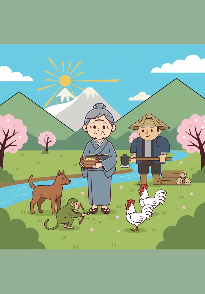 Deep in a lush green valley, a kind old woman named Obaasan kneels by the edge of a crystal-clear river to wash her laundry. The morning sun sparkles on the water as she hums a gentle tune, surrounded by blooming cherry blossoms and the soft sounds of nature.