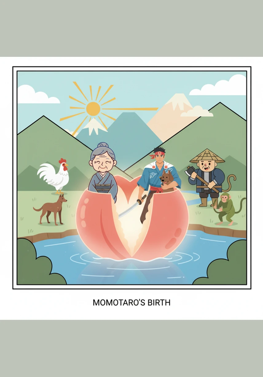 Suddenly, a massive, rosy-pink peach comes tumbling down the stream, bobbing gracefully over the small waves. It is the largest peach Obaasan has ever seen, and it seems to glow with a magical, inviting light as it nears the riverbank.