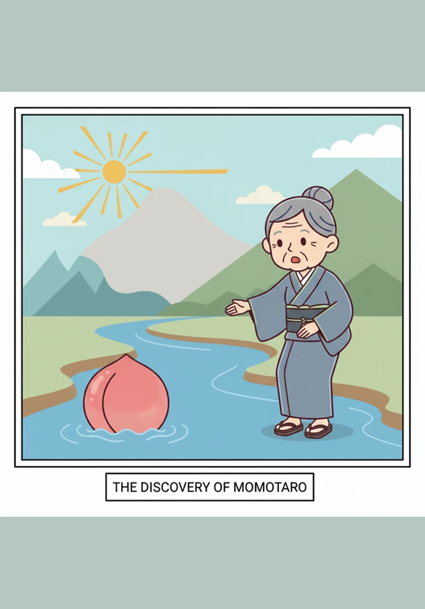 With a surprised gasp, the old woman reaches out and carefully pulls the heavy fruit from the rushing water. She marvels at its perfect shape and sweet fragrance, wondering how such a magnificent thing could have found its way to her.