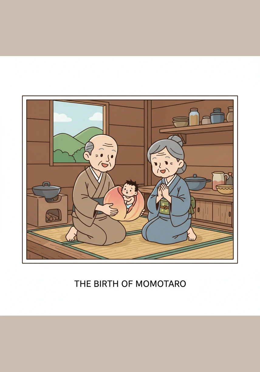 Obaasan carries the giant peach back to her humble cottage to show her husband, the old woodcutter. They place the fruit on a large wooden table, staring in awe at the mysterious gift from the river while the evening shadows dance on the walls.